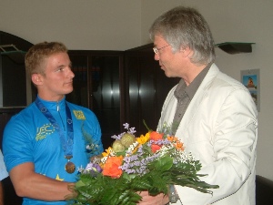 Geras Oberbürgermeister Dr. Norbert Vornehm begrüßte Europameister René Enders