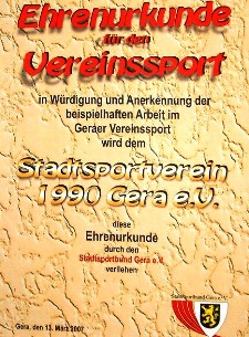 Ehrenurkunde des Stadtsportbundes Gera für ehrenamtliches Engagement im SSV Gera 1990 e.V.